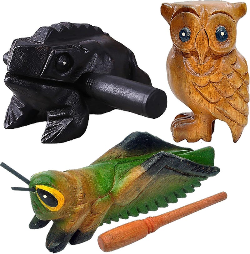 GOGHOST 3 Pcs Handmade Wooden Percussion Instruments Animal Set, 4 Inch Wooden Frog, 4 Inch Wooden Cricket, and 3.5 Inch Wooden Owl, Artistic Craft and Unique Gift (Medium) - Image 1